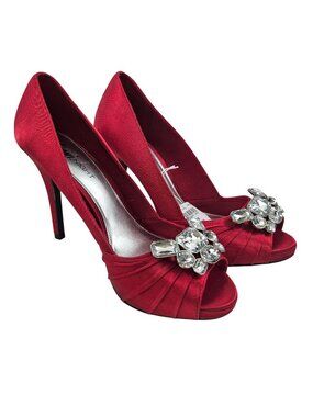 Fiona Night Heels Womens Size 8 Red Satin Shoes Rhinestones Stiletto Peep Toe